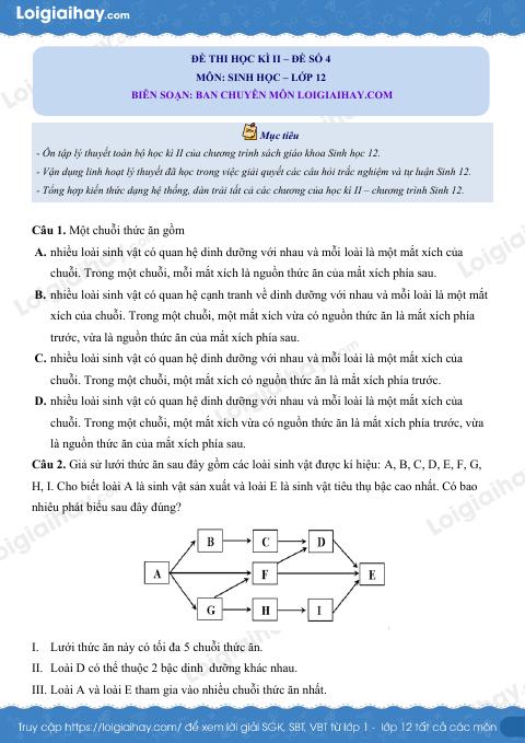 Đề số 4 – Đề kiểm tra học kì 2 – Sinh 12